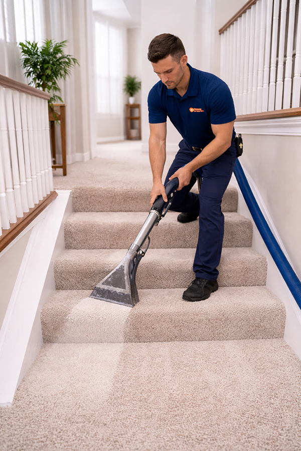 Hallway and stairs cleaning result staircase carpet cleaning close-up